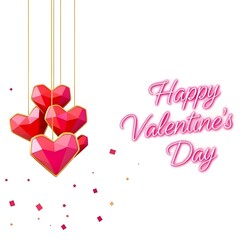 A pink background with red heart-shaped decorations, some on branches, some scattered, creating a romantic Valentine's Day theme