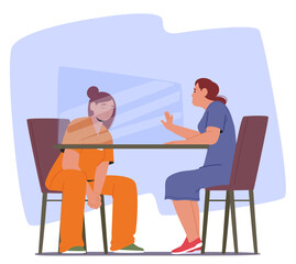 Sad upset woman prisoner cartoon character having meeting time with relatives vector illustration