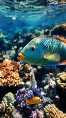 Naklejka premium Colorful Tropical Fish Swimming Above Vibrant Coral Reef Underwater