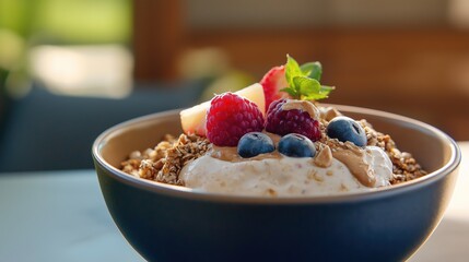a bowl of musli for breakfast with fruits and peanut butter --ar 16:9 --personalize byekr1p --v 6.1 Job ID: e8412468-508e-4bff-b515-74c33e7e8175