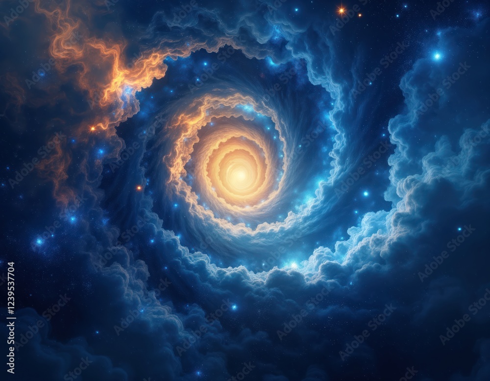 Poster abstract swirling nebula of blue and gold. spiral galaxy with bright center. stars scattered in dark