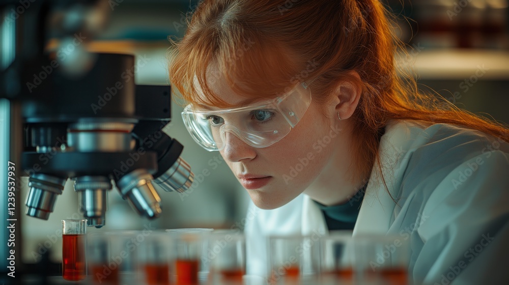 Poster under bright lab lights, a dedicated scientist studies viral samples through an advanced microscope,
