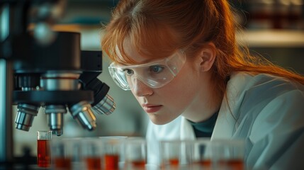 Under bright lab lights, a dedicated scientist studies viral samples through an advanced microscope, unraveling vital secrets of infectious diseases with precision