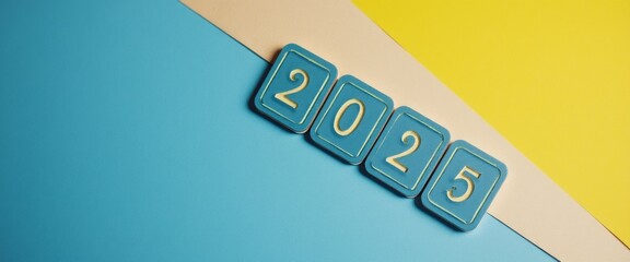 The image features playful blocks arranged to showcase the year 2025, set against a lively blue and yellow background. This cheerful composition evokes a sense of anticipation and excitement for the