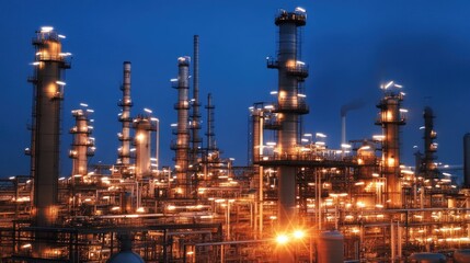 Chemical refining plant at night with lights illuminating processing units.