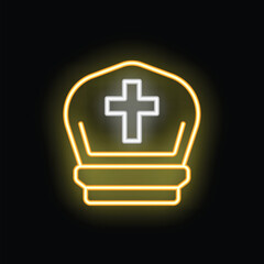 Neon yellow zucchetto with glowing white cross, symbolizing catholicism and the authority of the pope