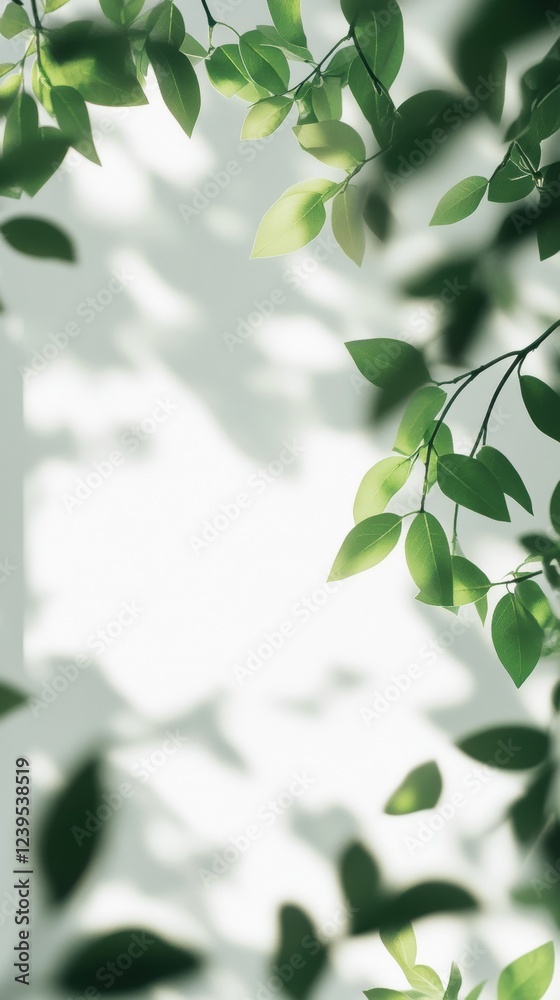 Poster green leaves casting shadows on a light background during a sunny afternoon in a tranquil garden set