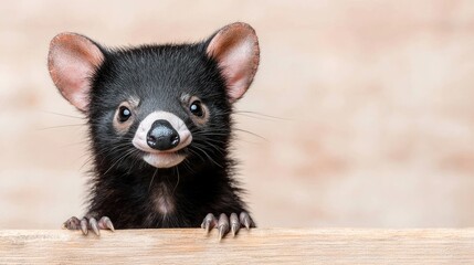 Adorable Tasmanian devil joey peeking over wood, soft background