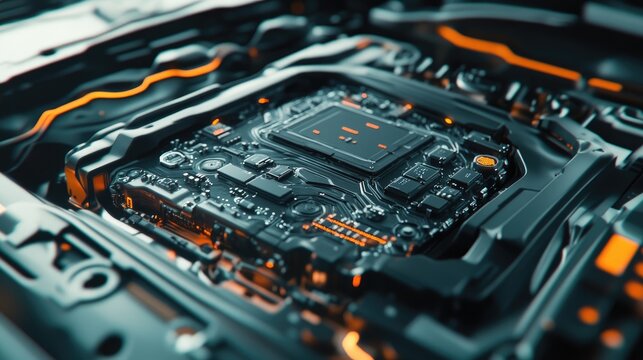 Close-up of a vehicle's ECU Engine Control Unit with high-tech microchips.