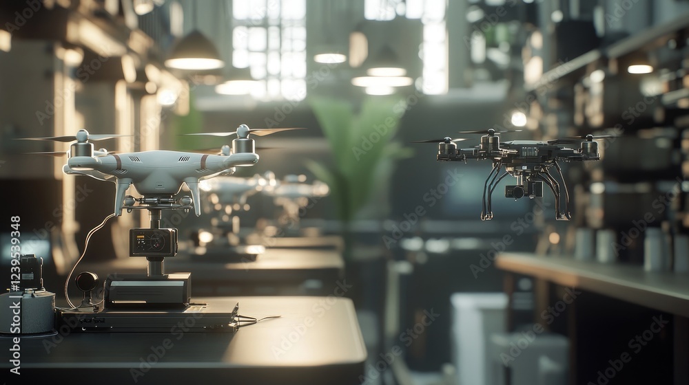 Poster drone assembly line in a futuristic factory with robotic automation.