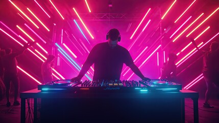 DJ performs energetically at a vibrant night festival with dazzling lights and intense atmosphere in a bustling city