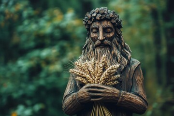 Wooden pagan idol in nature featuring a bearded man holding wheat a symbol of old Slavic traditions and rituals