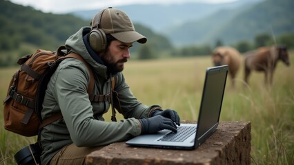 man sitting stone bench field laptop front him wearing green jacket cap backpack has beard wearing headphones around his neck background two horses grazing field mountains distance sky overcast
