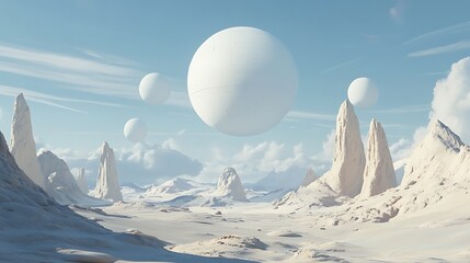 White alien landscape with large, floating orbs and towering, snow-covered peaks.