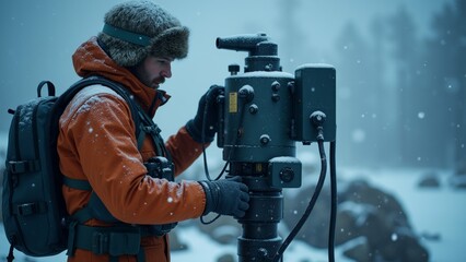 man wearing orange jacket fur hat standing snowy forest holding large camera mounted tripod appears adjusting man wearing gloves has backpack his back background blurred seems snowy landscape trees