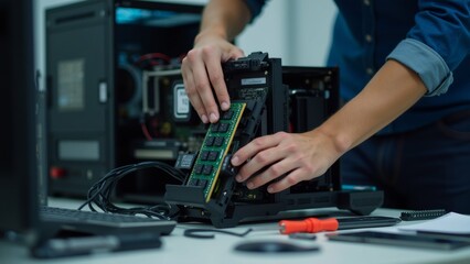 person hands working computer motherboard person holding green circuit board appears process installing motherboard placed desk computer monitor keyboard mouse tools scattered around background black