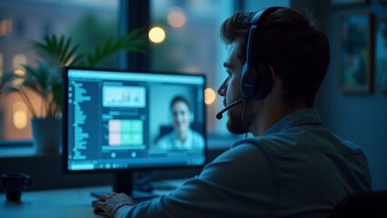 young man sitting desk front computer monitor wearing headset appears working video call monitor displays chat window picture person screen room dimly lit blue light plant corner man focused task