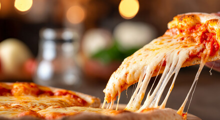 Stringy melted mozzarella cheese stretches from a slice of hot pizza, ready to be enjoyed