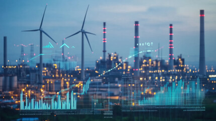 Fototapeta premium Industrial Power Plant with Large Turbines in Operation and Background Illustrating Energy Market Graphs of Coal, Natural Gas, and Renewable Energy Trends