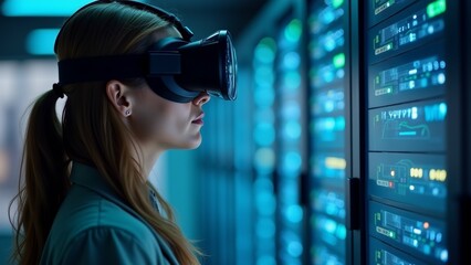 young woman wearing virtual reality headset server room she standing front row servers multiple rows data centers woman wearing blue shirt has long blonde hair tied ponytail headset black covers her