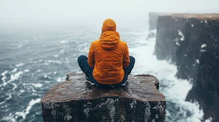 man sitting at coastal cliff edge with raging ocean below 