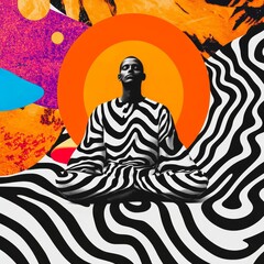 Meditating monk surrounded by glowing energy waves in a serene minimalist setting