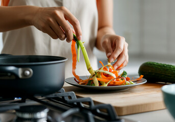 Chef preparing a healthy meal with fresh vegetables in a modern kitchen, adding finishing touches to a colorful dish