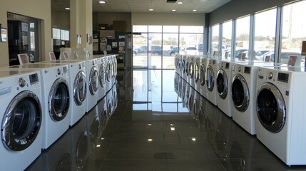 Home appliance showroom featuring the latest washing machines and dryers.