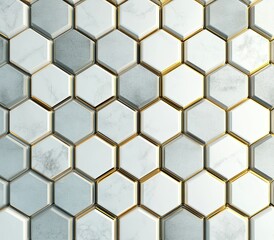 Seamless pattern of white and grey geometric hexagons with gold accents, on a flat background
