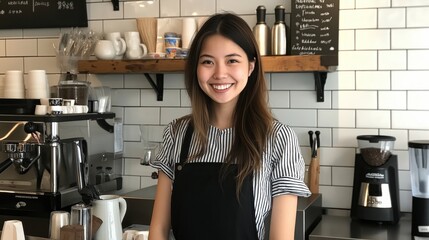 A cheerful barista stands behind the counter of a quaint cafe, showcasing a welcoming smile. Surrounded by coffee machines and artistic decor, she embodies the spirit of hospitality and warmth