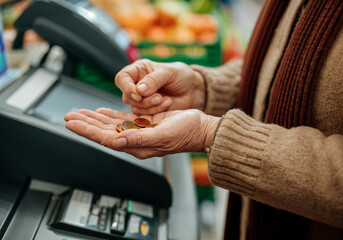 Senior citizen carefully counting remaining coins while paying for groceries at a supermarket checkout, highlighting financial struggles and rising costs
