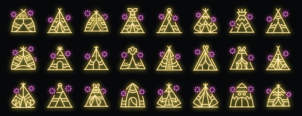 Bright yellow neon teepee tent icons glowing on black background, vector illustration © ylivdesign