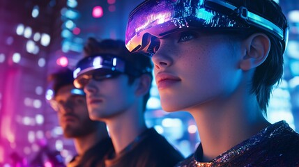 Futuristic Friends Bonding in Virtual Reality Headsets at Night in the City
