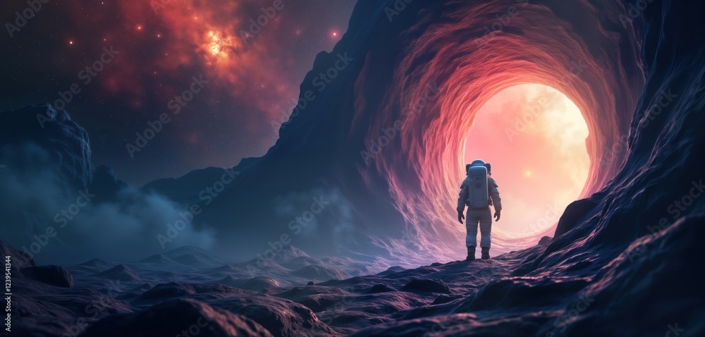 Poster astronaut stands on alien landscape gazing at portal to another galaxy. cosmic panorama shows futuri