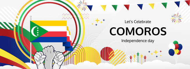 Comoros Independence Day modern greeting banner. 6 July Happy National Day. Holidays abstract concept in flag colors. Great for event like carnival, feast poster, support, culture and tourism