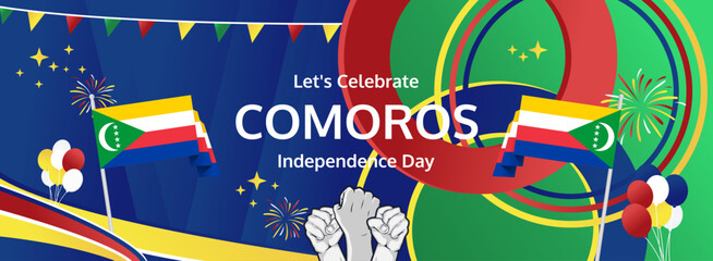 Comoros Independence Day modern greeting banner. 6 July Happy National Day. Holidays abstract concept in flag colors. Great for event like carnival, feast poster, support, culture and tourism