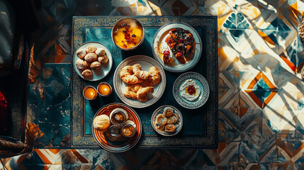 Overhead view of a sundrenched table with assorted pastries, croissants, small bowls of food, and Moroccaninspired tile floor. Warm, inviting, and aesthetically pleasing.