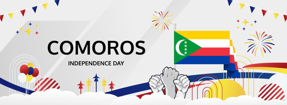 Happy independence day Comoros. Horizontal poster of Comoros national day with flag. July 6. Festive design concept for holiday celebration banner, greeting card, feast and congratulations
