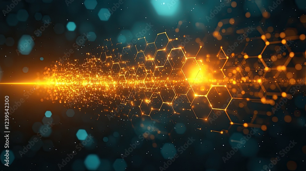Poster glowing hexagonal network data stream flowing