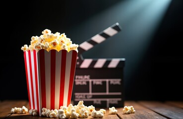 Popcorn in red, white striped box sits on wooden table. Movie clapperboard visible in background under beam of light against black backdrop. Home cinema concept for movie night with snacks. Ready to