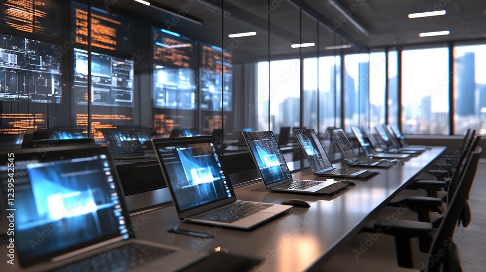 Poster modern workspace with multiple high-performance laptops on display.