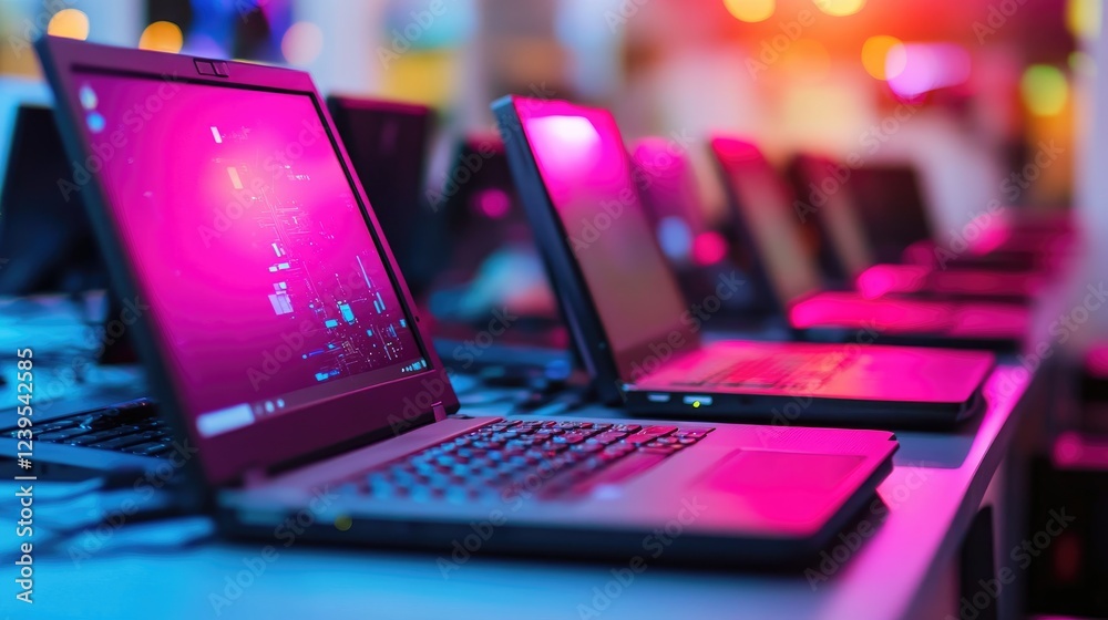 Poster neatly arranged rows of high-tech laptops in a testing facility.