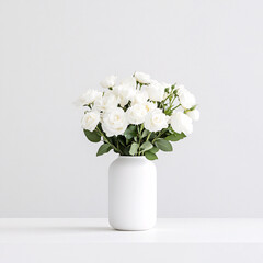 White ceramic vase with fresh white roses in a minimalist floral arrangement on a white background