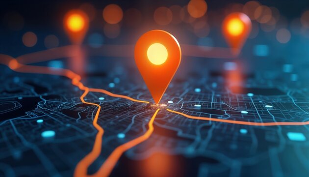 Digital map interface shows location markers, routes. AI tech supports GPS location, navigation. Future transport logistics route path concept illustrated. New office address change visualized on