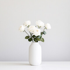 Fototapeta premium White ceramic vase with fresh white roses in a minimalist floral arrangement on a white background