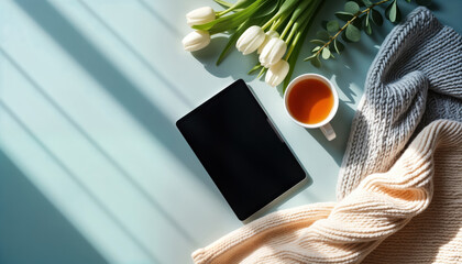 Cozy home scene. Tablet, cup of tea on light blue table. Sunlight, shadows create warm atmosphere. Stylish knitted sweater draped nearby. Perfect for morning afternoon relaxation. Autumnal vibe with