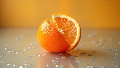 Vibrant orange fruit partially peeled. Juicy segments on reflective surface. Warm backdrop with water droplets. Fresh, healthy fruit. Perfect for natural food photo. Ideal for food blog wellness