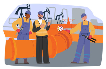 Naklejka premium Industrial workers and engineer coworking at pipeline of oil petroleum plant cartoon scene
