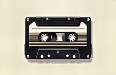 Obraz premium Vintage cassette tape illustration. Retro audio media. Classic music format. Simple design. Black, beige colors. Analog technology. Illustration for nostalgia themed design. Great for music lover.