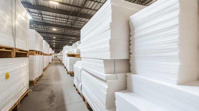 Polyethylene foam sheets stacked in an industrial storage facility.